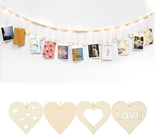 Guirnalda de fotos de 158 cm con pinzas y cadena de luces LED, pantalla de pared boho con cuentas de madera, clips, colgante de corazón, pantalla de fotos colgante, guirnalda de fotos, cuerda para