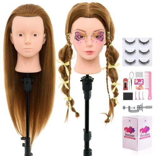 Neverland 71cm Tete a Coiffer Professionnelle Tete a Maquiller avec 60% Cheveux Humains, Tête de Coiffure Maquillage Tête d'entraînement avec Outils de Coiffure, Cils et Pince de Table(Blond)