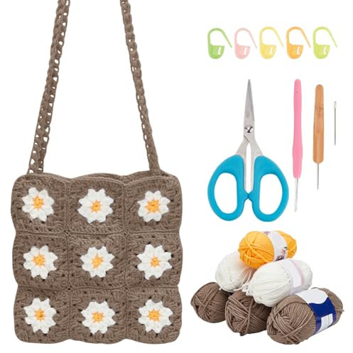 ORIGACH Häkel Tasche Set Für Anfänger, DIY Granny Square Daisy Tasche Starter Häkelset Für Erwachsene Mit Schritt Für Schritt Videoanleitung, Dark Khaki
