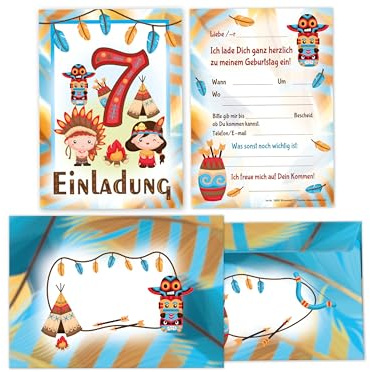 Limonia 12 Einladungskarten inkl. 12 Umschläge zum 7. Kindergeburtstag Einladung Set Geburtstag Mädchen Kinder Jungs Jungen Boys Teenies Indianer Schamane Tipi Powwow Traumfänger