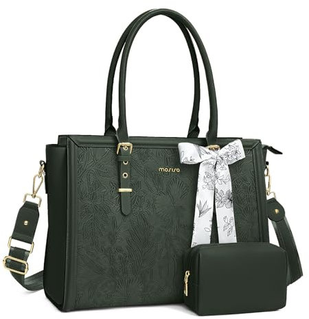 MOSISO Sac Ordinateur Femme 17-17,3 Pouces,Sac Fourre-tout en Cuir PU Compatible avec MacBook,HP,Dell,Asus,Sac PC Portable Rétro Hibiscus Gaufré avec Écharpe Soie&Pochette,Vert Émeraude