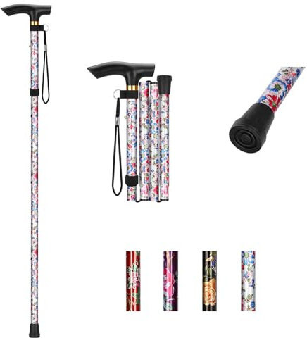 YF Faltbarer Gehstock für Damen und Frauen - Verstellbar, Leicht für Reisen, Stützstock für Senioren Mit Handschlaufe und T-Griff, Weiß Blumen