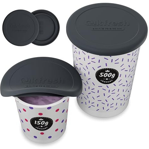 Qikfresh couvercles en silicone réutilisables 2 pièces - Couvercles pour pots de yaourt 150 à 500 g - Hermétiques souples et anti-fuite - Couvercle fraîcheur en silicone (Noir)
