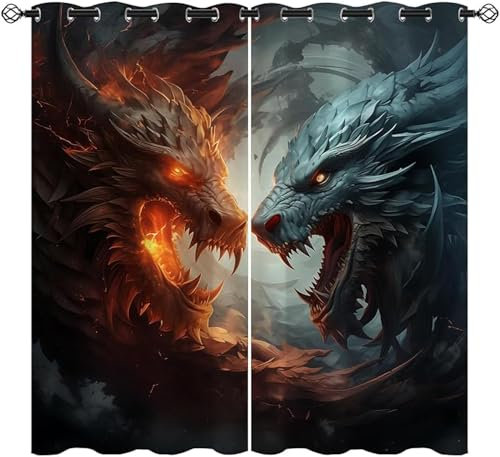 ZZTBQ Dragons 100% Blickdichter Vorhang Mit Ösen, Dragon 2 Stück Verdunkelungsvorhang Drach, 3D Drache, Drachen 234x183cm Für Jungen Mädchen Kinder Schlafzimmer