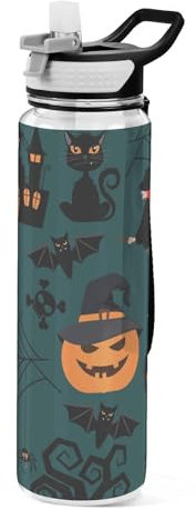 Mnsruu Transparente Sport-Wasserflasche mit Strohhalm, auslaufsichere Trinkflasche, Pumkkin Ghost Fahrradflaschen für Sport, Büro, Schule, BPA-freier Tritan-Kunststoff, 1 Liter