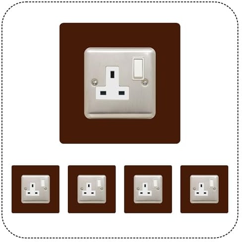 Set of 5 Single Socket Surround, Acrylic Back Panel or Plate, Protect Wall from Finger Prints, Choose from 18 Colours (Brown)