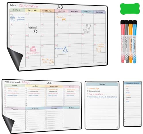 YSANCOR® Pack Calendario Magnético Nevera que incluye Planificador Mensual A3 + Organizador Semanal A4 + Notas A5 + Lista Compra 8x20Cm | 4 Rotuladores + 1 Borrador de Regalo! (PACK_PLANNER_TOTAL)