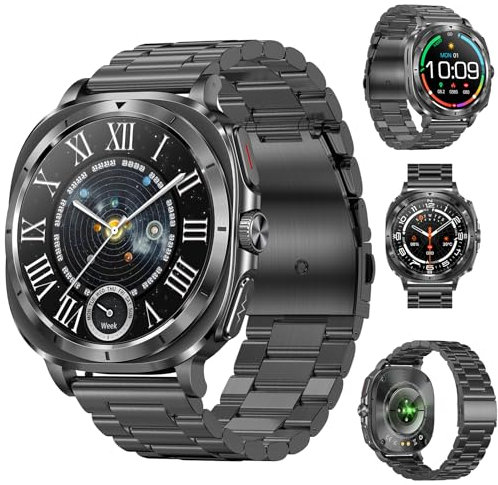 Fohatu Neu 𝐁𝐥𝐮𝐭𝐳𝐮𝐜𝐤𝐞𝐫 Smartwatch Herren 1.43”AMOLED mit EKG+HRV/Harnsäure/BMI/Annehmen/Anruf tätigen mit SOS-Notruf/Sportuhr Smartwatch für Android iOS (Schwarz-Stahl)