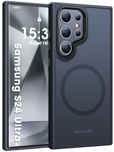 HuwaiH Handyhülle für Samsung Galaxy S24 Ultra Hülle, [Kompatibel mit Mag-Safe] 12FT Militärgrad Stoßfeste Kratzfeste Schutzhülle, Transluzente Matte Hülle für Samsung S24 Ultra(Schwarz)