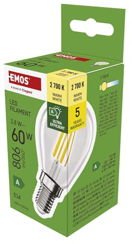 EMOS LED Lampe Edison Mini Globe, 3,8W Ersatz für 60W Glühbirne, A Klasse Vintage-Birne E14 Sockel, Helligkeit 806 lm, Warmweiß 2700 K, Lange Lebensdauer 50000h, CRI min. 80, 360° Abstrahlwinkel