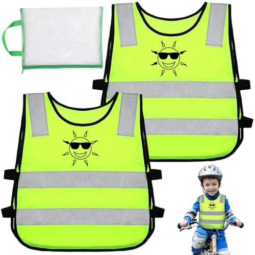 UVVRUR Kinder Warnweste Warnwesten Sicherheitsweste 2Stk Warnwesten Auto Reflektorweste Kinder Neongelb Pannenweste für Sport Laufen Fahrrad Weg zur Schule & Auto (A)