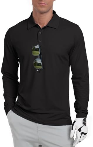 QIXING Men's Golf Polo Shirts Long Sleeve UPF 50+ Lightweight,Quick Dry Performance Collar Summer Tops for Golf, Fishing, Tennis(Black, L)