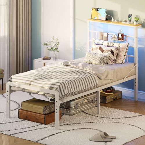 Bestier Metal bed frame with height adjustable feet, 3ft Single Bed Frame with LED Lights and Charging Station, No Box Spring Needed, Noise Free, Easy Assembly (White, 90 x 190 cm)