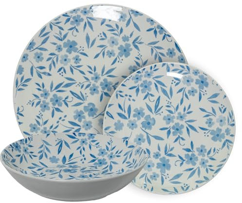 Vajilla de 18 piezas de porcelana en blanco y flores en azul 26x6x26 cm