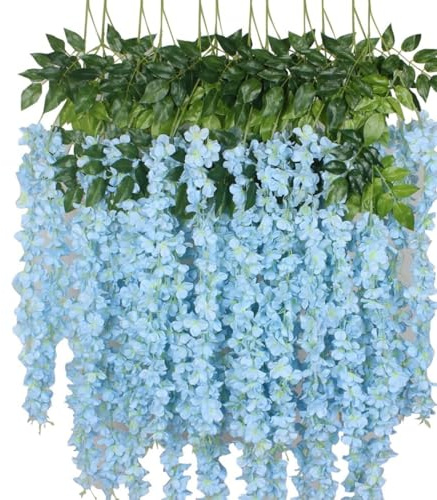 12 Pcs Artificial Wisteria Flowers Garland, 3.6 FT Silk Fake Flowers Hanging Vine for Indoor Outdoor Home Garden Christmas Wedding Party Decoration (sky blue)