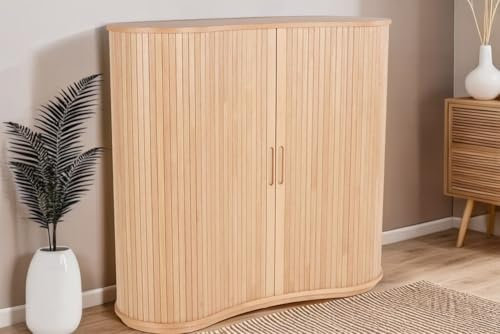 Riess Ambiente Retro Highboard Valhalla Wood - 110cm - Natur - Eichenholz mit Schiebetüren 6 Fächer Hochkommode Schrank Rolladen Japandi