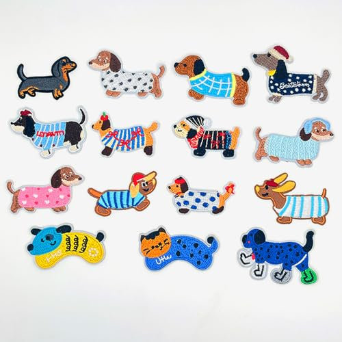 15 Stück Dackel Deko Patches zum Aufbügeln, Flicken zum Aufbügeln Kinder, Dackel Geschenke, Aufnäher für Kleidung Jacken Rucksäcke Jeans Patches