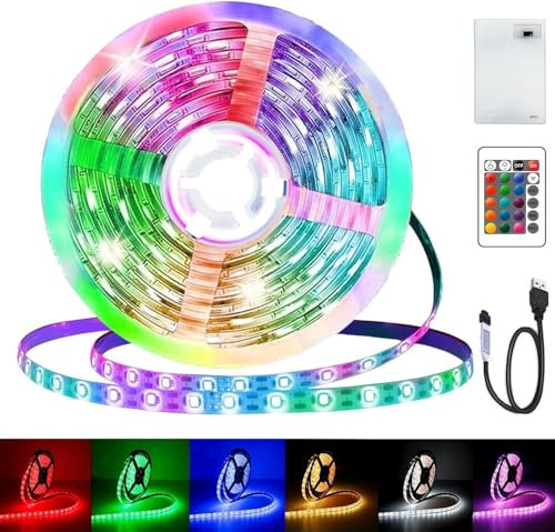 3M LED Streifen Batterie,RGB 5050 LED Strip Batteriebetrieben oder USB Batteriebetrieben,Ferndimmbar 16-Farben,Selbstklebend Lichtband mit Fernbedienung für Schränke, Treppen, Küche, Betten ﻿