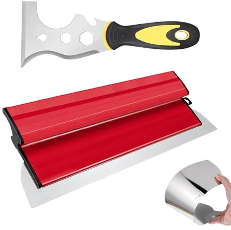 Spatule Enduit Lissage Set, 25 cm Couteau Enduit Lisse, Spatule Multi Usages 13 in 1, Couteaux à Mastic en Acier Inoxydable, Couteau à Enduire avec Forme de Z, Convient à la Décoration Murale(Rouge)