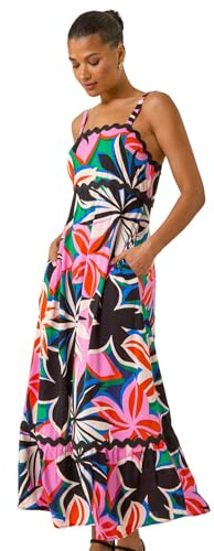 Roman Originals Floral RIC Rac Maxi Dress for Women UK - Ladies Everyday Holiday Spring Summer Square Neckline Comfy Soft Evening Vacation Work Party - Fuchsia - Size 16