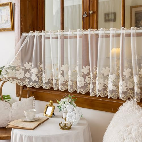Vordesack Voile Scheibengardine mit 3D-Blumenstickerei Beige HxB 60x140cm | Küchengardine mit Lochleiste transparente Gardine, Landhausstil für Küche, Schrank & Fenster (1 Stück, Ohne Stange)