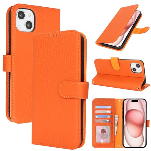 Zouzt Leather Wallet Case for iPhone 15 (6.1), 4 Card Slot, Orange | Genuine Leather, Card Holder, Shockproof TPU Shell, Magnetic Closure, Protective Flip Folio Phone Cover, For Women Men