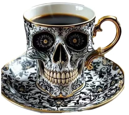mophrati Skull Coffee Mug Set with Gold Accents Exquisite Halloween Mug Set for Daily Coffee Pleasures Gothic Tea Resin, B, Bring a Plate