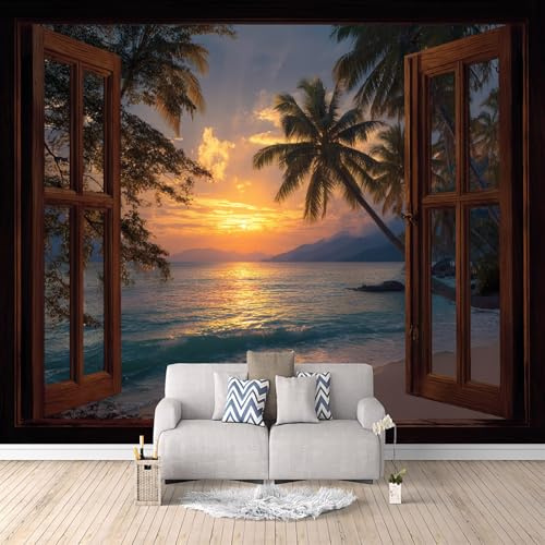 Fototapete 3d Fenster 400x280 cm, Vlies Tapeten Meerblick,XXL Moderne Wandtapete,Wasserdicht Geeignet für Schlafzimmer Kinderzimmer Wohnzimmer Wand Deko.