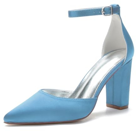 HFWXYSA Donna Chunky Blocco Alto High Tacco Heel a Punta Pumps Cinturino alla Caviglia Fibbia da Matrimonio Feste Sexy 9 CM Heels,Sky Blue,39 EU