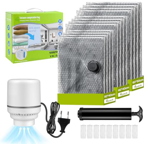 Vakuumbeutel für Kleidung 12 Stück - Vakuumierbeutel Zweipumpen-Set (2m Kabelpumpe + Handpumpe) Wiederverwendbar für Reise, Umzug, Kleideraufbewahrung & Koffer Organizer