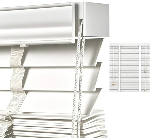 Blackout Wood Venetian Blinds 55cm 60cm 80cm 90cm 100cm 110cm 120cm 130cm 160cm Wide Horizontal Blinds Shutters for Windows 50mm Slats Venetian Blind Easy Fit Curtains(White)
