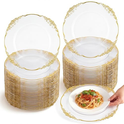 Havawish Gold Baroque Charger Plates Set of 50 Acrylic Clear 13 Inch Dinner Plates with Elegant Embossed Edge for Wedding, Banquet, Party Decor and Formal Table Setting