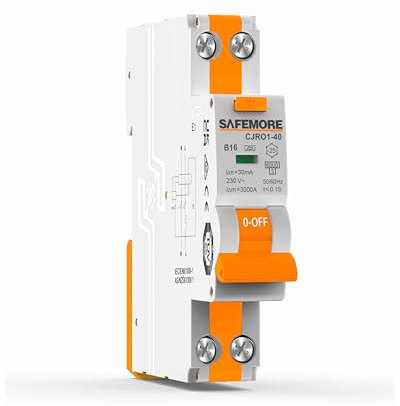FI/LS-Schalter 1P+N 16A 30mA Typ A - SAFEMORE RCBO Bidirektionaler Fehlerstromschutzschalter mit 6kA Schaltvermögen, B16 Kurve B, TÜV-Zertifizierung - DIN-Hutschiene, Orange