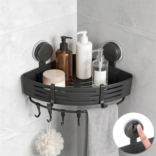 Jiusely No Drill Corner Shower Caddy, Suction Cup Shower Shelf, Bathroom Corner Shelves with 6 Movable Hooks & Towel Bar, Strong Corner Organiser for Bathroom Storage