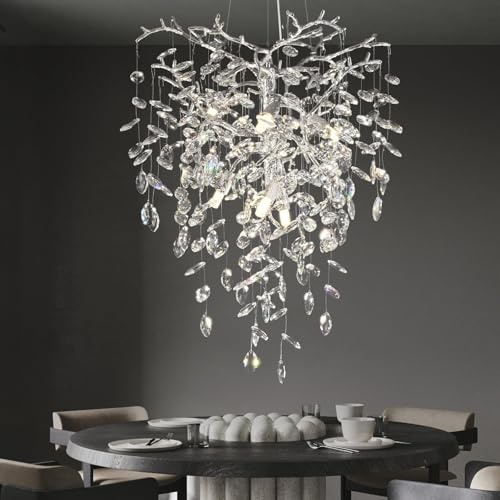 PIOUTNF 55CM Silver Crystal Tree Branches Chandelier, 21.6 Inchs 6 Lights Modern Round K9 Crystal Chandeliers for Dining Room, Bedroom, Living Room, Foyer,Kitchen Island,Bathroom
