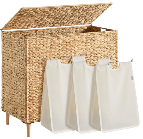 SONGMICS Wäschekorb 3 Fächer, Wäschesammler 180 L handgeflochten, Wäschesortierer Wasserhyazinthe, Deckel, natürlich, Innensack herausnehmbar, maschinenwaschbar, Griffe, naturfarben LCB203Y01