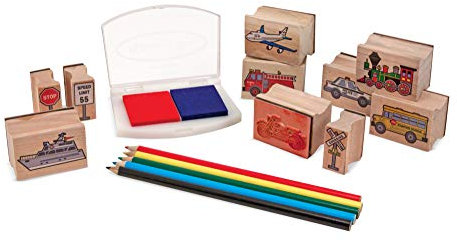 Melissa & Doug Jeu de timbres en bois Véhicules, Tampons, Cadeau pour filles et garçons, 9 timbres, tampon d’encre, 5 crayons, Jouet créatif, Loisirs créatifs pour filles et garçons de 3 4 5 6 7 ans