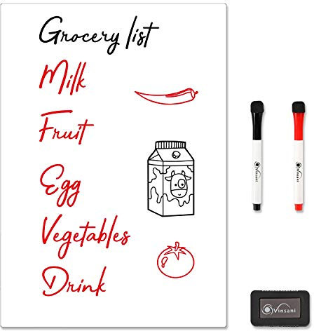 Vinsani Whiteboard A3 Size - Make Notes, Lists, Memos, Menus. for Home, School, Office and Kitchen Use with 2 Free Magnetic Dry Wipe Pens and Magnetic Eraser (29.7 x 42.8 cm)