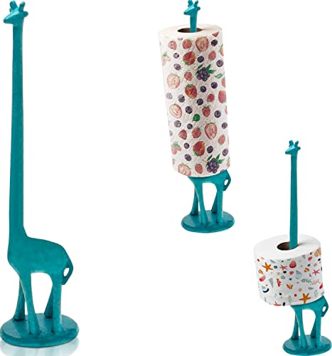 Paper Towel Holder or Free Standing Toilet Paper Holder- Cast Iron Giraffe Paper Holder - Bathroom Toilet Paper Holder or Stand Up Paper Towel Holder - Rustic Blue w/Vintage Finish by Comfify