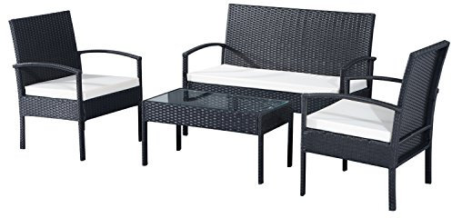 Outsunny Ensemble Salon de Jardin 4 Places : canapé, 2 fauteuils et Table Basse Plateau Verre trempé résine tressée 4 Fils Imitation rotin Noir Coussins Blanc