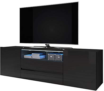 Selsey BROS – TV-Lowboard/Fernsehschrank Schwarz Matt/Schwarz Hochglanz mit LED-Beleuchtung Stehend Modern