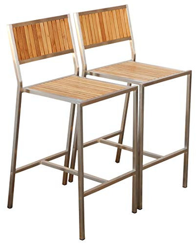 ALEOS. 2 Stück Edelstahl Teak Barhocker Barsessel Bistrosessel Bistrohocker Massive Ausführung A-Grade Teakholz MEXIKO Gartenmöbel Modell: MEXIKO