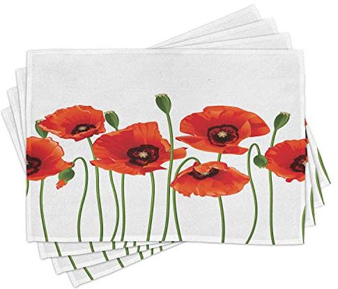 ABAKUHAUS Blumen Platzmatten, Pastoral Blumen Botanik, Waschbare Stoff Esszimmer Küche Tischdekorations Digitaldruck, Zinnoberrot Grün