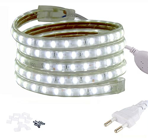 FOLGEMIR 12m Kalt Weiß LED Band, 220V 230V Lichtleiste, 5050 SMD 60 Leds/m Strip, IP65 Lichtschlauch, helle Hintergrundbeleuchtung