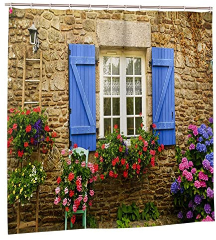 Nyngei 3D Digital Printing Home Garden Shower Curtain Stone Wall and Window and Flowers Polyester Fabric Decorations 180X180CM