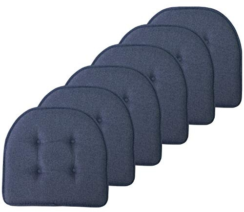 Sweet Home Collection Chair Cushion Memory Foam Pads Tufted Slip Non Skid Rubber Back U-Shaped 17 x 16 Seat Cover, 6 Pack, Denim Blue