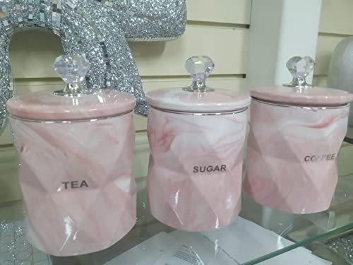 Biznest Tea Sugar Coffee Canister Jar Storage Set Of 3 With Sparkling Crystal Diamante Lid (PINK)