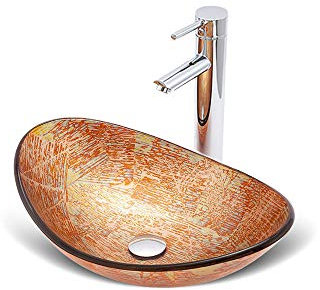 HomeLava Mini Design Waschbecken Aufsatzwaschbecken Waschtisch aus hochwertiger Gehärtetes Glas für Gäste WC inkl. Ablaufgarnitur und Wasserhahn Bad 42cm