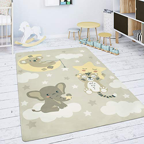 Spielmatte Kinderteppich Teppich Kinderzimmer rutschfest Modern Stern Wolke Mond Beige Weiß, Grösse:80 cm Rund