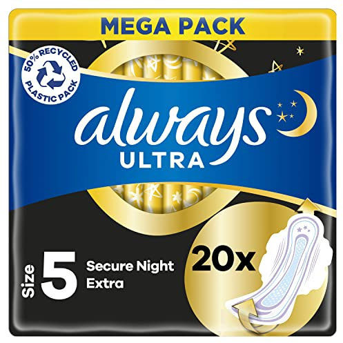 Always Ultra Sanitary Towels with Wings, Secure Night, Size 5, 80 Towels (20 x 4 Packs), MEGA Pack, Odour Neutraliser, Absorbent Core
